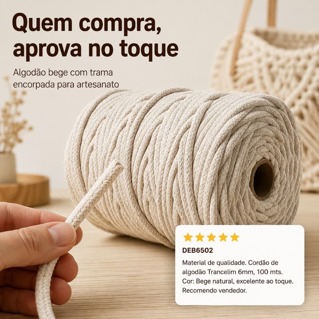 Cordão Trançado 6mm com Alma Algodão 50m para Macramê Artesanato Artesão Corda Punho de Rede