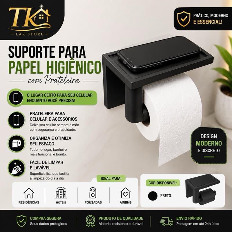 Suporte Papel Higiênico Prateleira Celular Parede Banheiro Moderno Resistente Multiuso PLA Design