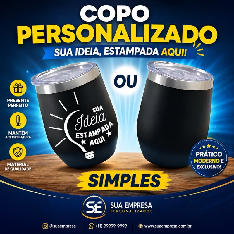 Copos Térmico 350ml Personalizado com Gravação a Laser Grátis | Copo Inox Premium com Tampa | Presente | Envio em 12h