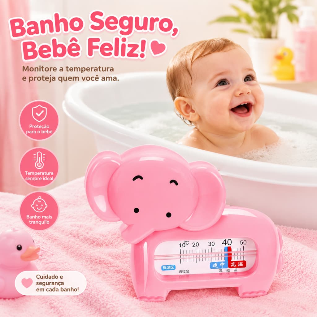 Termômetro de Banho Bebê Infantil Monitor Temperatura da Água - Elefante Rosa