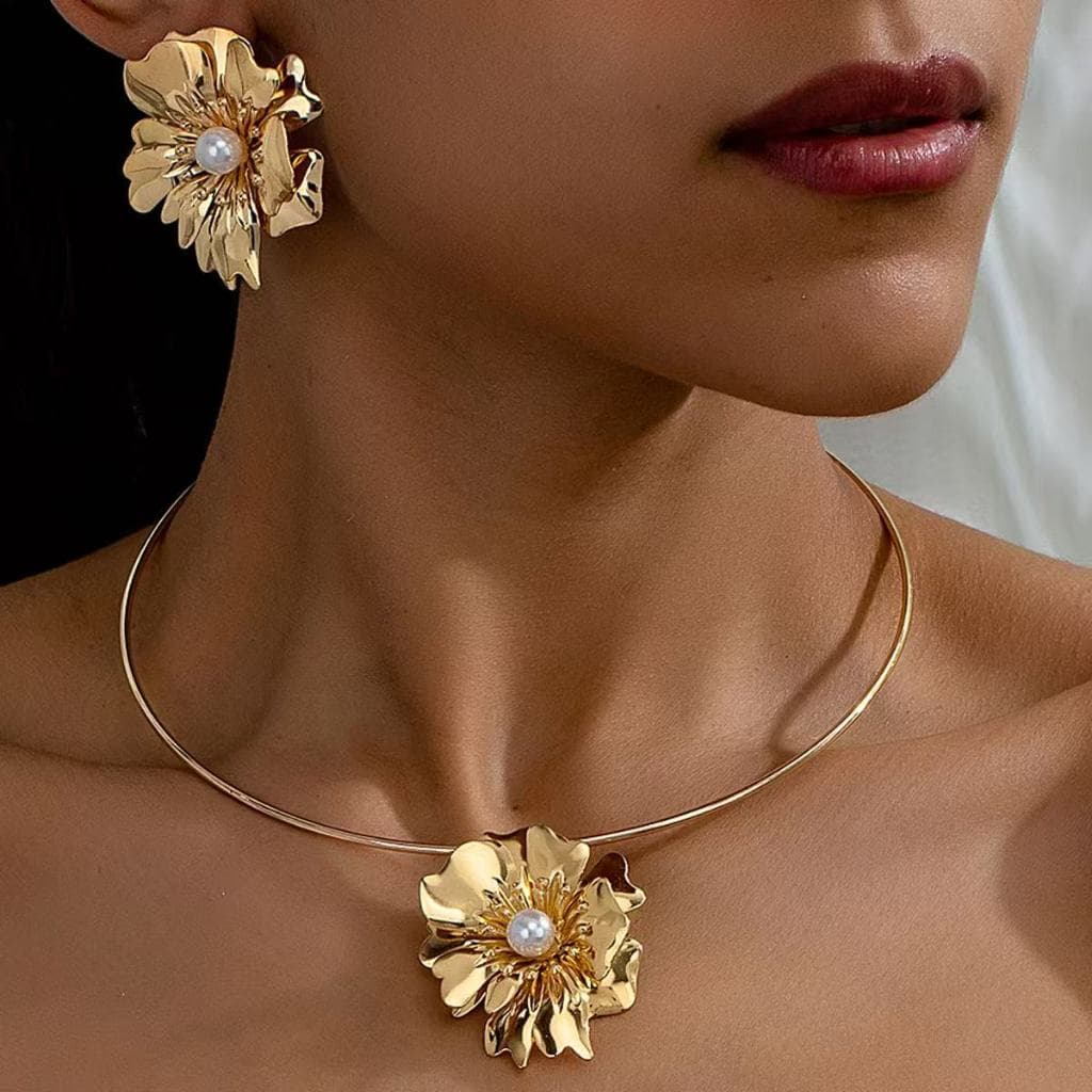 Kit 2 Colar e brincos Pendentes Flor Presentes elegantes e sofisticados Prata 925 Banho e 18K Banho de Ouro Feminino