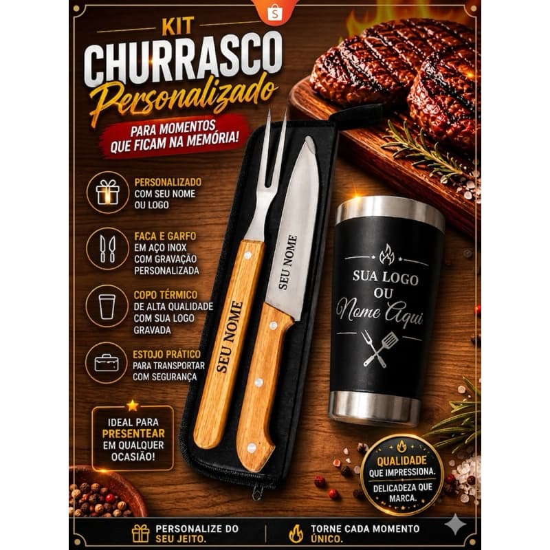 Kit churrasco Premium  3 em 1 Personalizado + copo térmico 473ml, personalizado com seu nome e logo