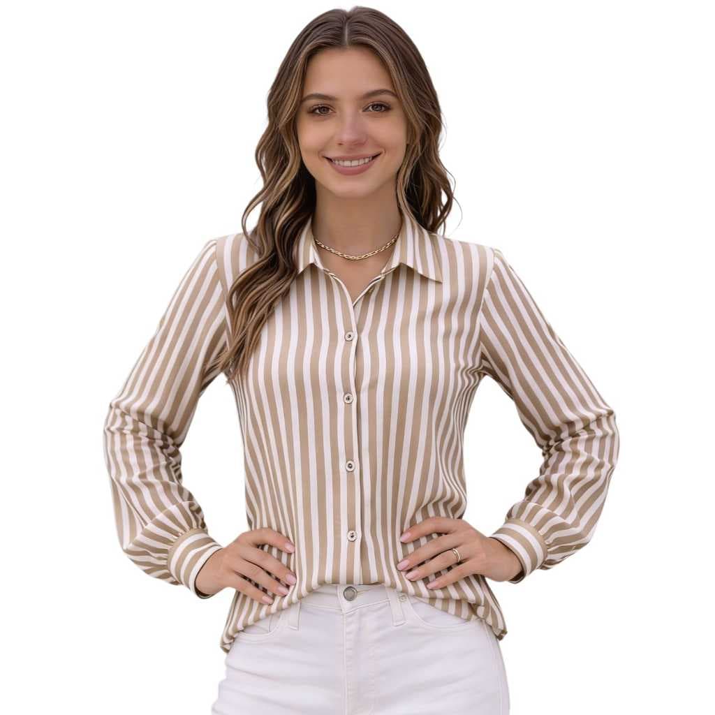 Camisa Feminina Manga Longa Listrada Tecido Duna Não Amassa
