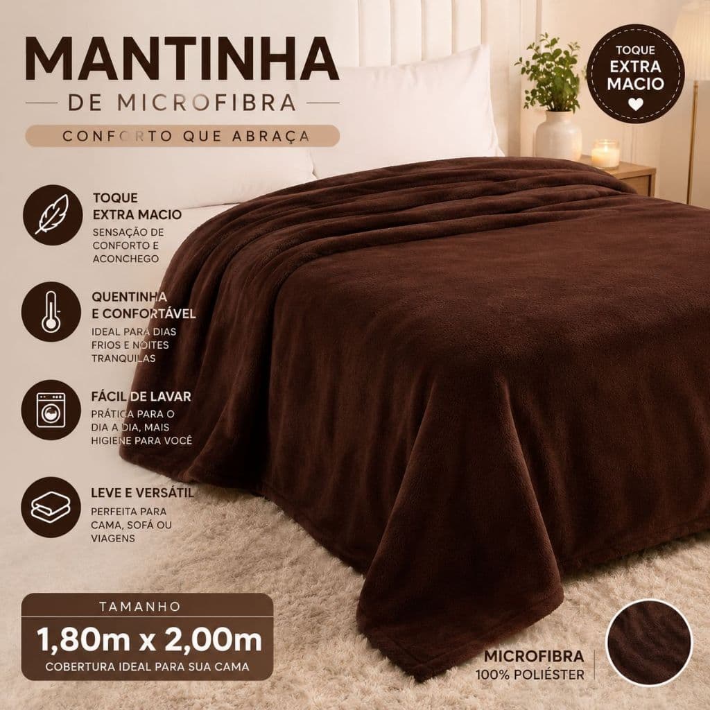 Manta Microfibra Quente Antialérgica Macia Casal 2,00x1,80