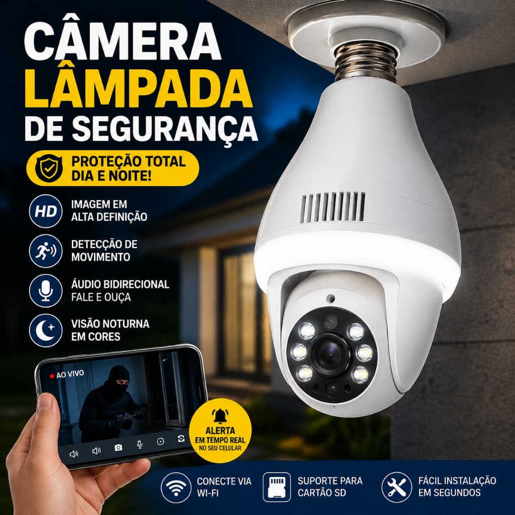 1 UNIDADE - Câmera Lâmpada de Segurança Vigilância IP Wi-Fi 360° Visão Noturna FullHD Bivolt