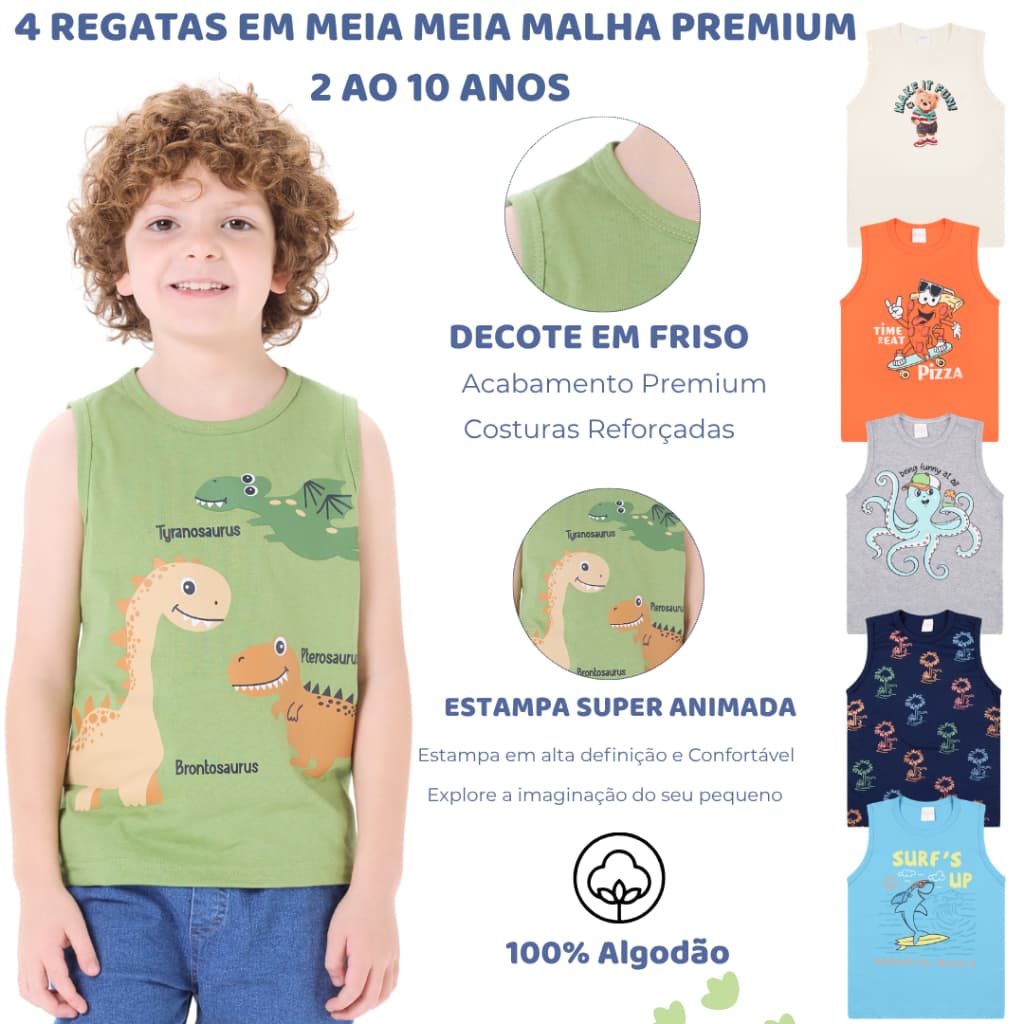 Kit 4 Regatas Infantil Menino em Meia Malha Estampada 100% algodão -Verão 2 ao 10 anos