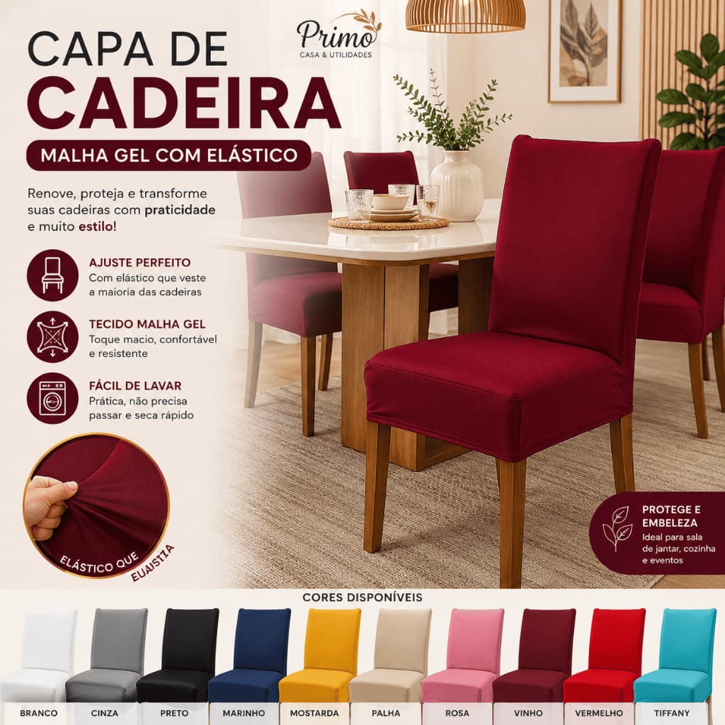 Kit 2 Capas Para Cadeira Malha Gel Elástica Lisa Ajustável Lavável Sala Jantar Cozinha