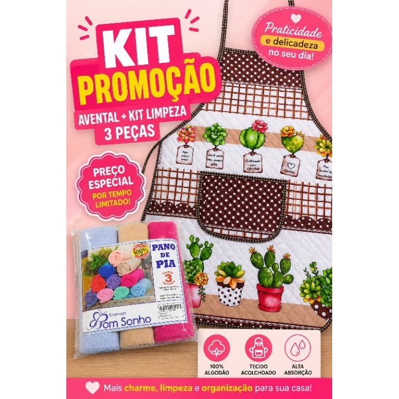 kit Avental de cozinha+ Panos de limpeza 3 peças Algodão -kit cozinha completo absorvente,para lavanderia