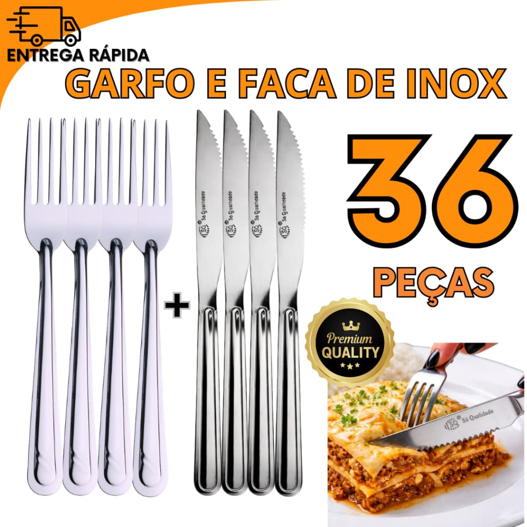 Jogo Garfo e Faca Inox 36 Peças Para Cozinha Enxoval Festa Restaurante Buffet Dia dos Pais