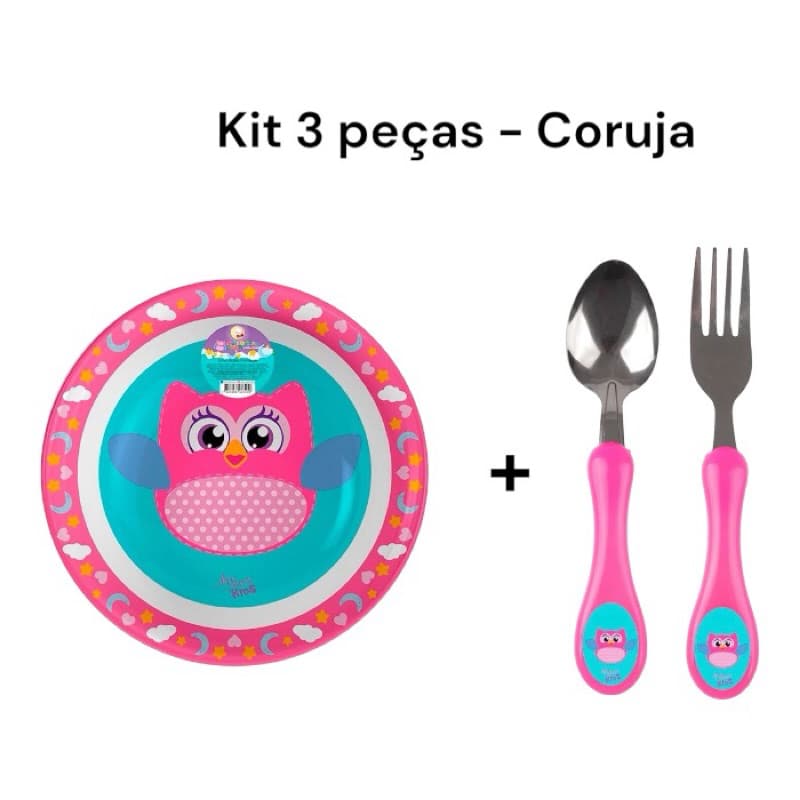 Kit tigela + Talheres 3 Peças Coruja – Prato Infantil + Garfo e Colher Inox