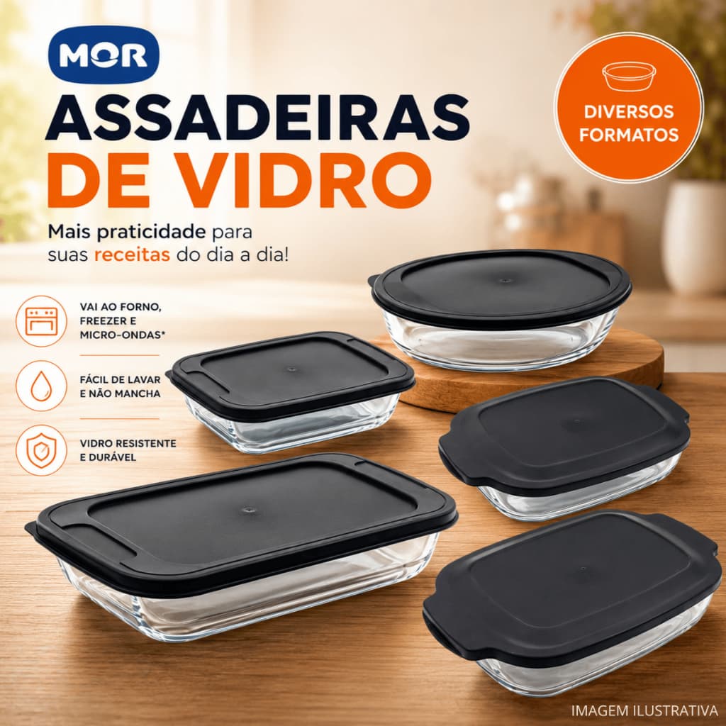 Assadeira de Vidro com Tampa Mor – Refratário Forno e Mesa Travessa Retangular ou Oval