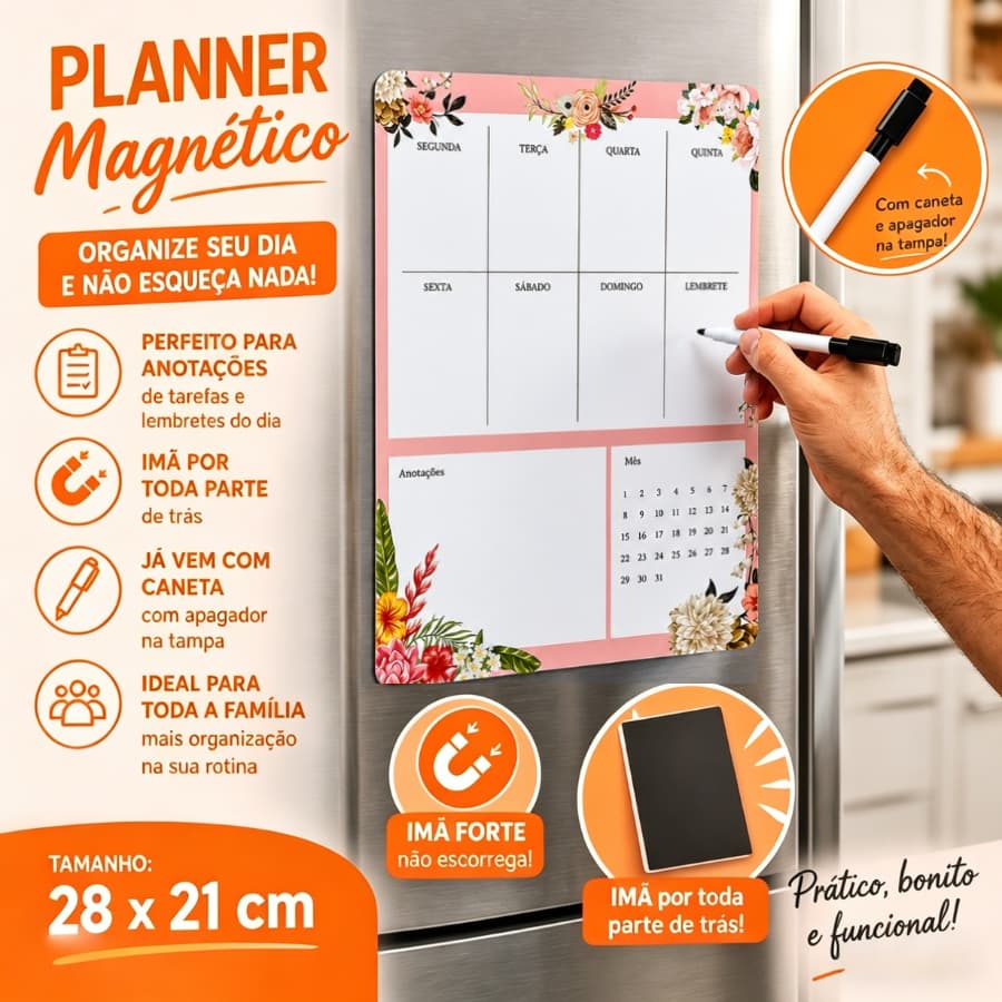 Quadro Planner Lousa Magnética de Anotações + Caneta Planejamento Semanal