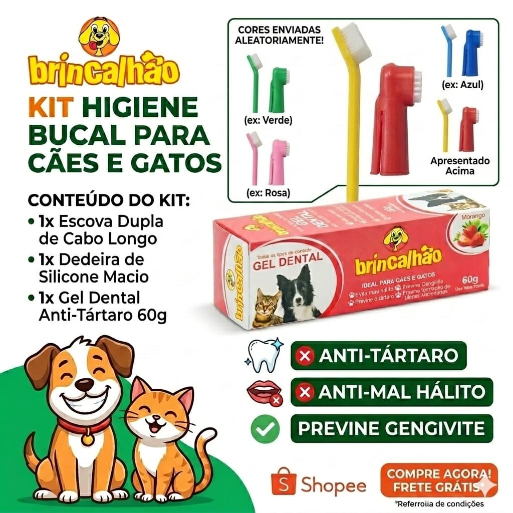Kit 1 Escova Dental 1 Dedeira 1 Pasta De Dente Para Cães Cachorro e Gatos Brincalhão