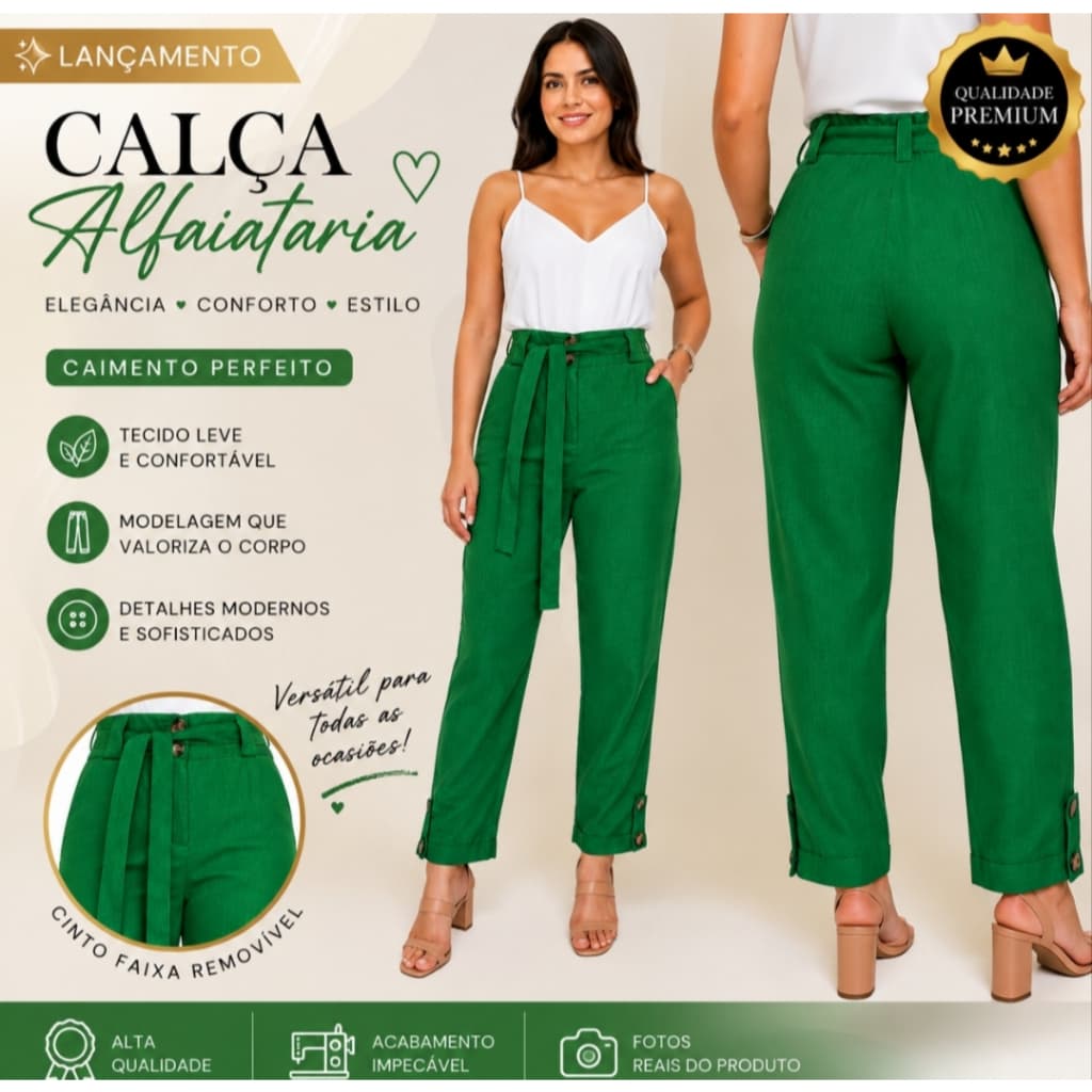 Calça Feminina de Linho Verde Cintura Alta Com Faixa Elegante Social Casual Moda Feminina