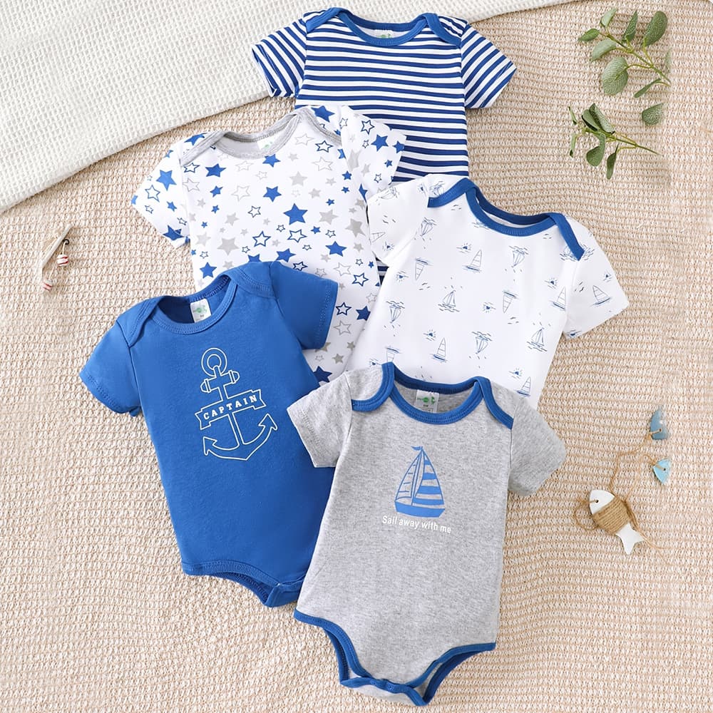 Pijama Bebê Kit 5 Pçs Macacão Manga Curta 100% Algodão 0-12M Menino Menina Verão Recém-Nascido Infantil