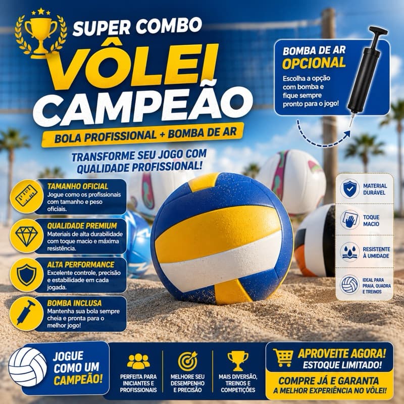 🏐🔥SUPER BOLA DE VÔLEI CAMPEÃO – BOLA PROFISSIONAL + BOMBA DE AR OPCIONAL 🔥🏐