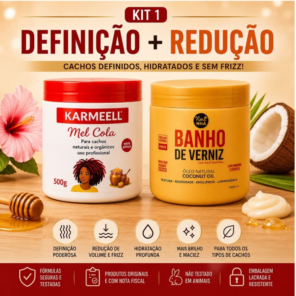 Kit Capilar Mel Cola Karmell + Banho de Verniz 500g cada Cachos Definidos Brilho Intenso Hidratação Profissional