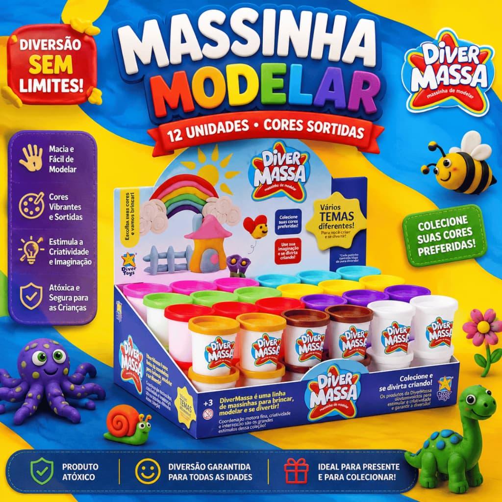 Massinha Modelar Colorida Infantil Cores Massa Molde 12 ou 24 Unidades Potes