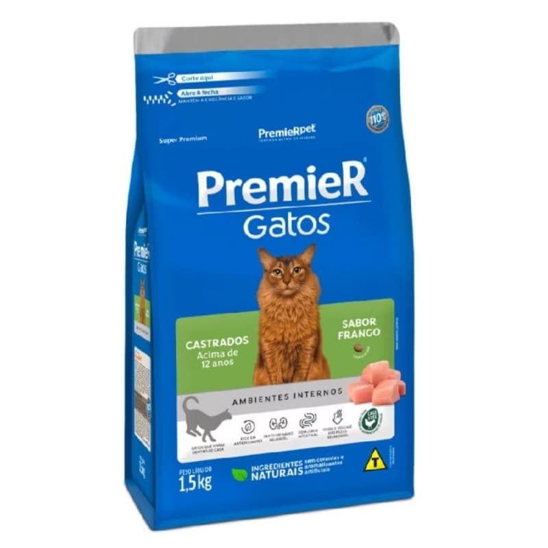 Ração Premier Ambientes Internos para Gatos Castrados 12+ anos de idade - 1,5Kg - Sabor Frango