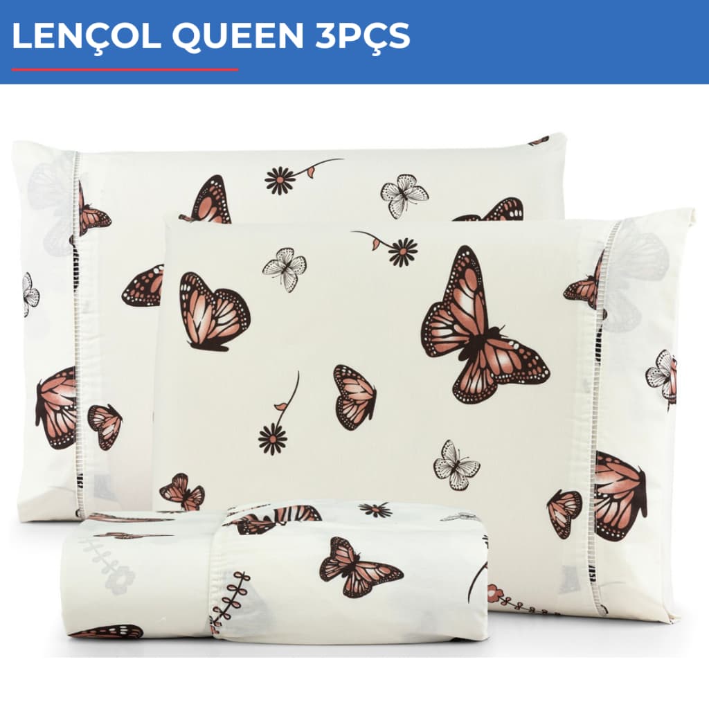 Jogo De Lençol Queen 3pçs Estampado 300 Fios C/ Elástico Borboletas Marrom