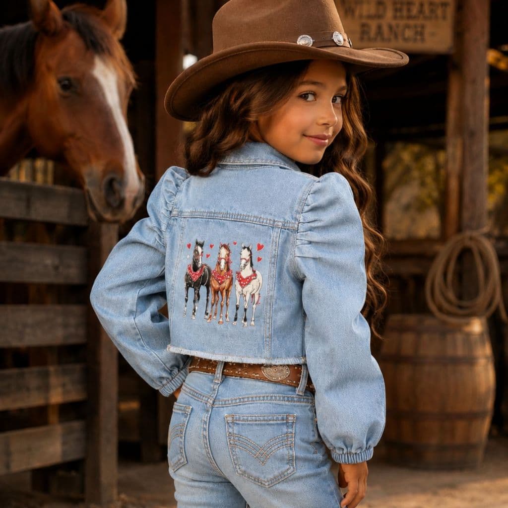 Jaquetinha Jeans Infantil Country Girls Boiadeira Cavalos Mini Diva Casaco Jeans Meninas Novidade Moda Cowgirl