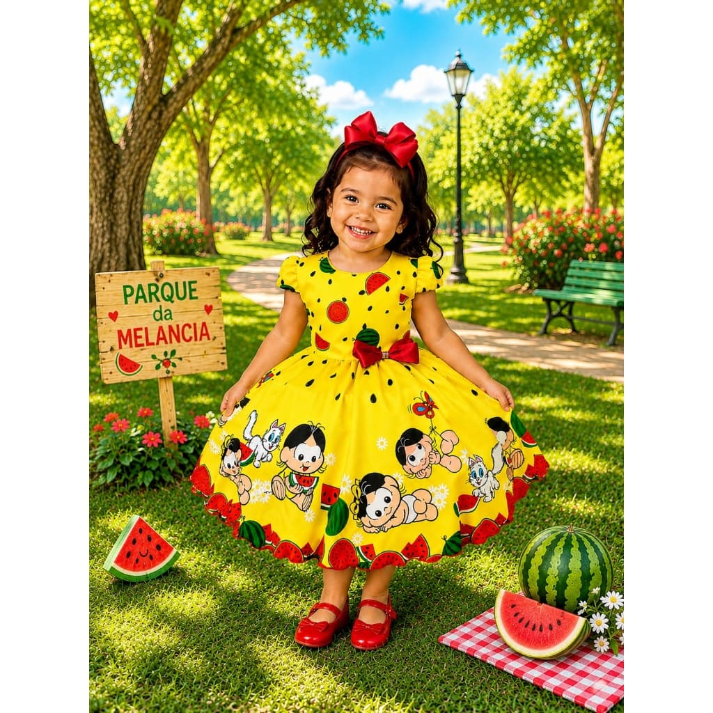 Vestido Melancia Infantil Amarelo Tematico Festa Aniversário Menina 1 a 8 Anos