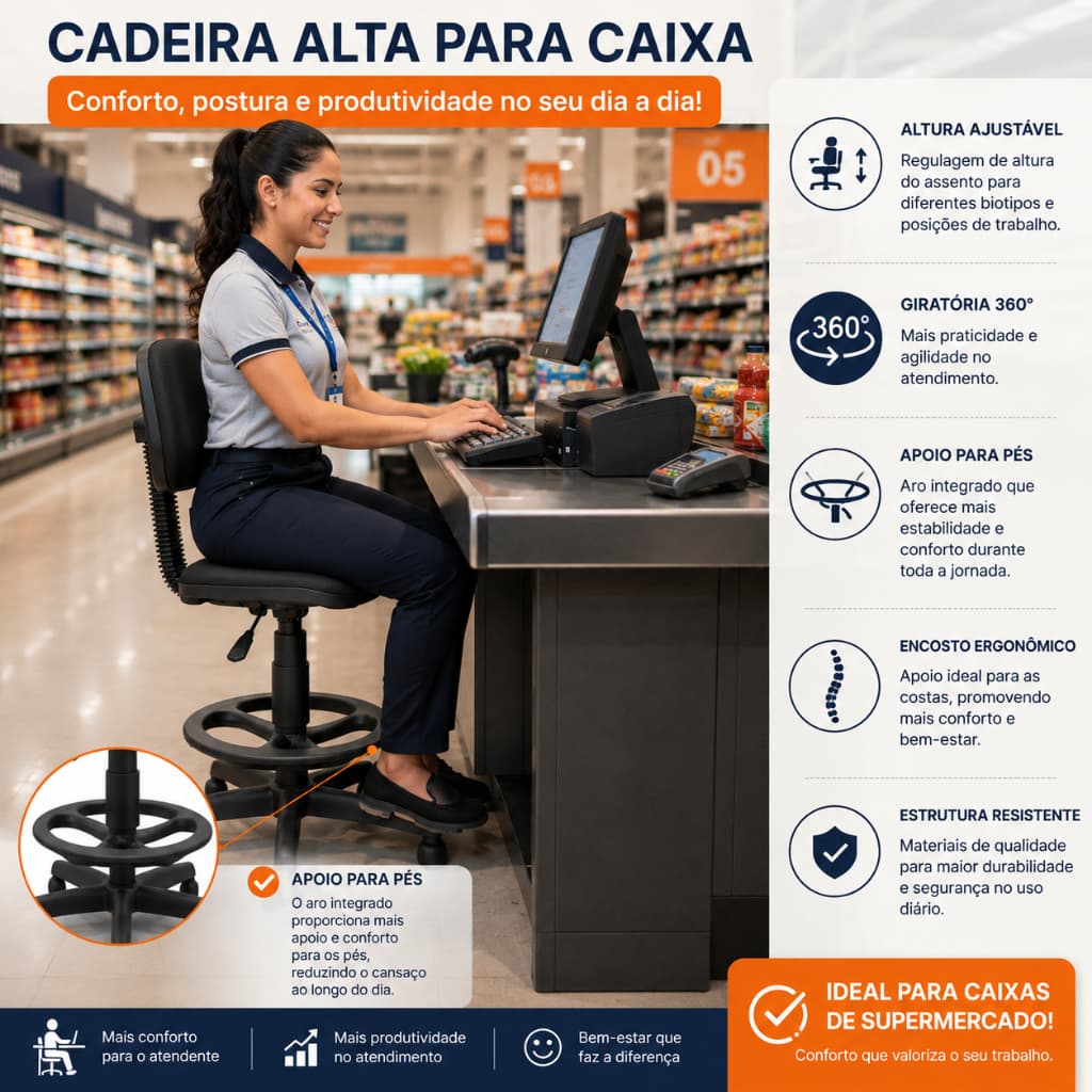 Cadeira Caixa Ergonômica Alta Giratória para Balcão Estética Salão Escritório atendimento