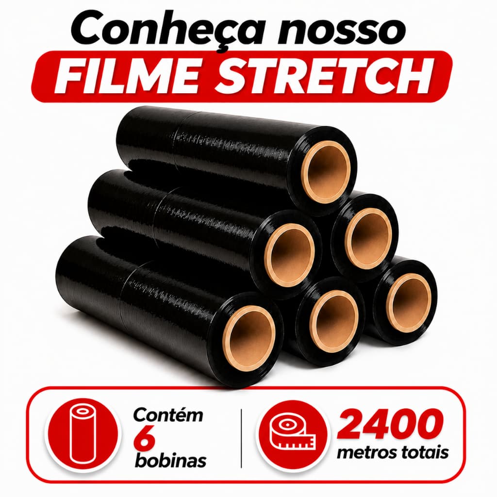Kit 6 Bobinas Filme Stretch Preto 50 cm x 400 metros por bobina - Embalar Correio Paletização