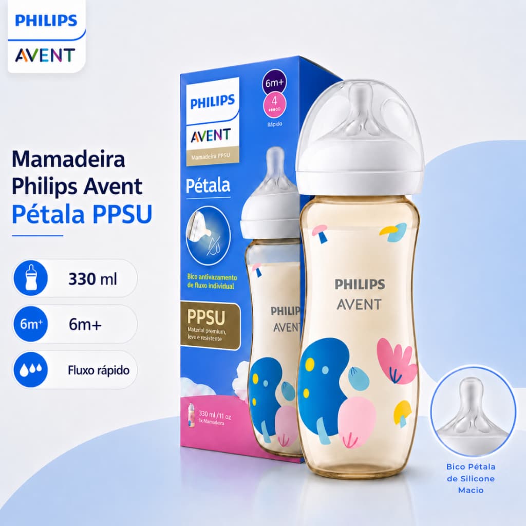 Mamadeira Philips Avent Pétala PPSU 330ml 6m+ Bico N4 Fluxo Rápido Azul e Rosa