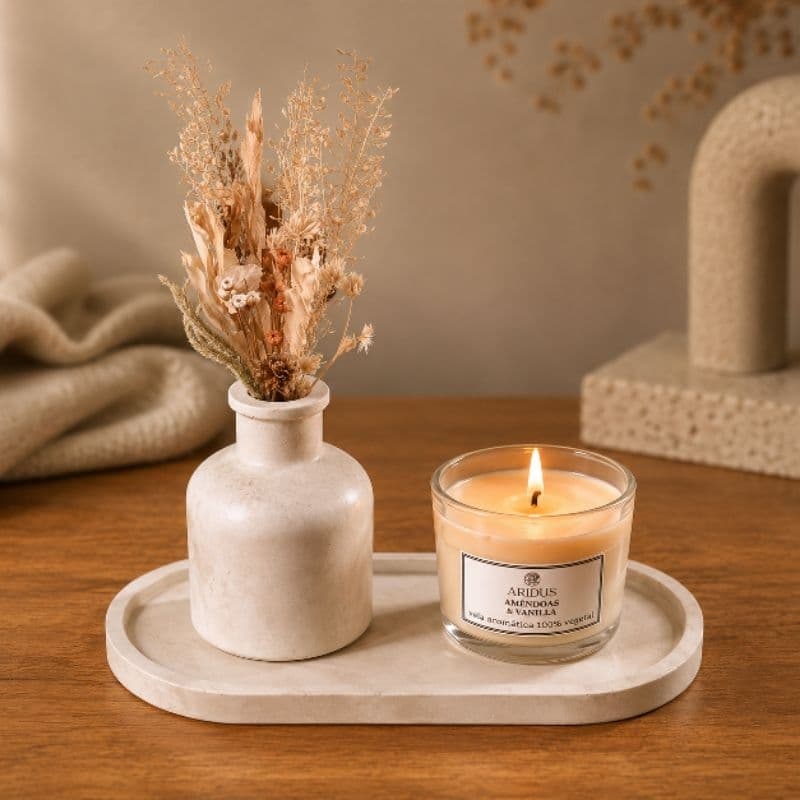 Kit Decorativo Concreto Artesanal com Vela Aromática Bandeja Orgânica multiuso Vaso decoração sala
