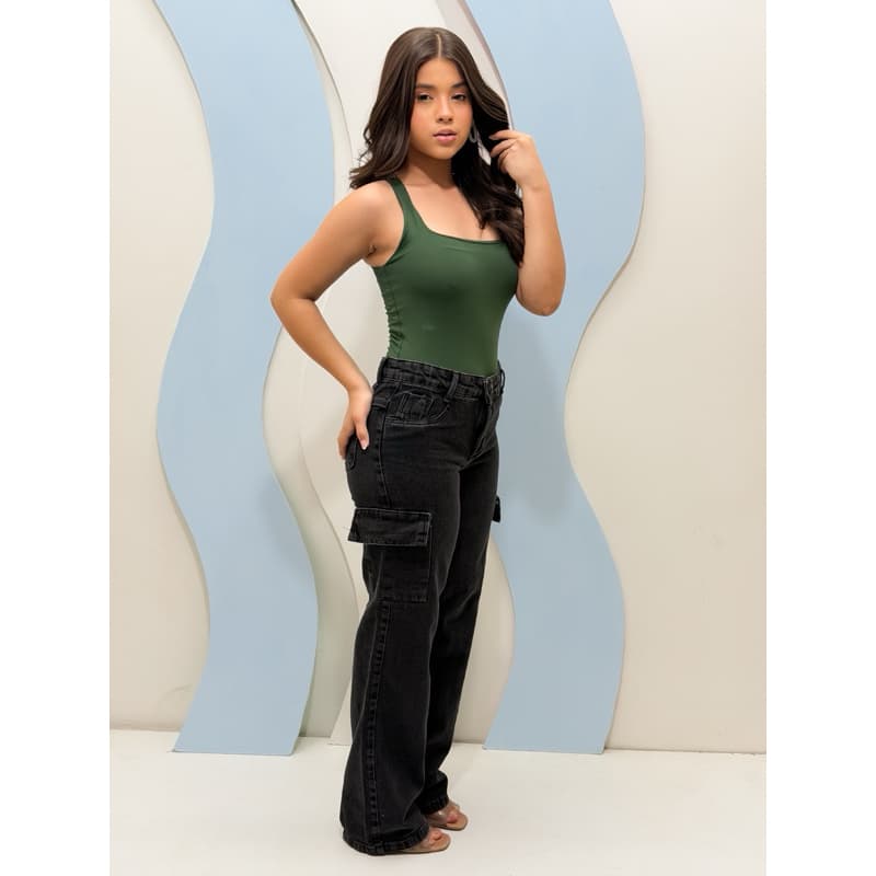 Calça preta jeans cargo juvenil lançamento 2026