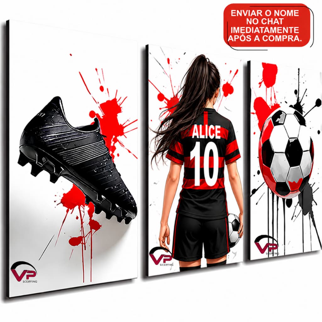 Quadro decorativo chuteira vermelha time futebol feminino infantil com nome quarto de menina