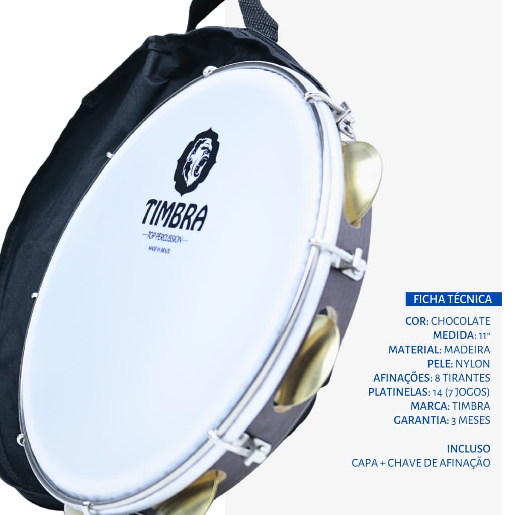 Pandeiro Timbra Profissional 11" Madeira Nylon com Capa Samba Pagode Percussão