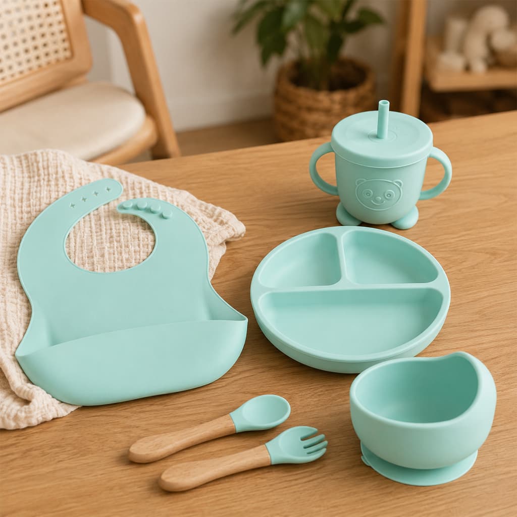 Kit Alimentação Bebê Silicone 6 Peças Prato Sucção Talheres Copo Babador Infantil