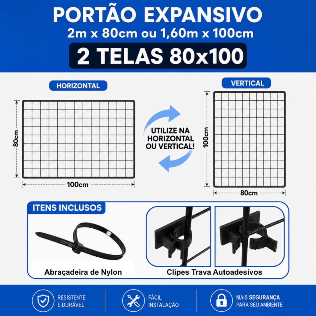 Grade Portão Proteção expansivo Pet 2 telas de 80x100 horizontal 2m x 80cm ou vertical 1,60m x 100cm