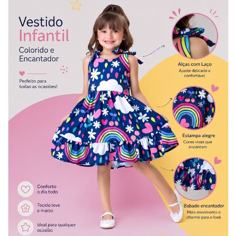 Vestido Infantil Menina Floral Colorido Estampas Coloridas e Lisas 04 a 12 anos