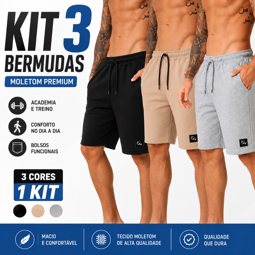 Kit 3 Bermudas Masculinas Moletom Academia Casual Treino Confortável Bolsos Cordão Fitness Academia Academia