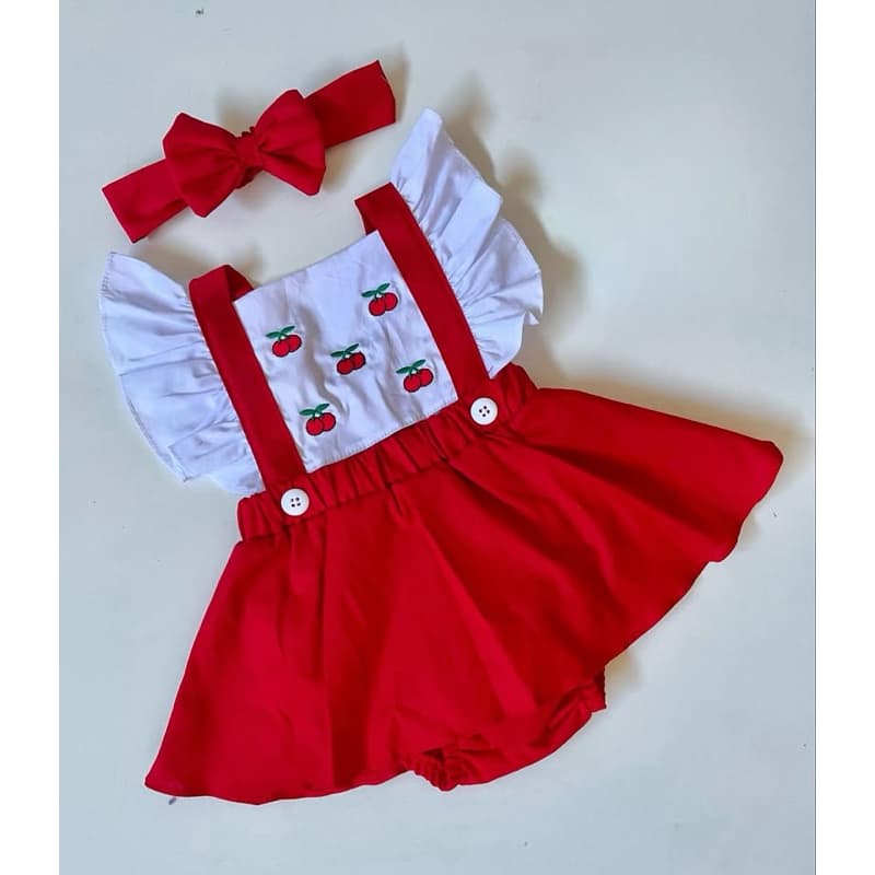 Romper body Temático jardineira Moranguinho boneca + Faixa de Cabelo bebê menina infantil cerejinha/cereja