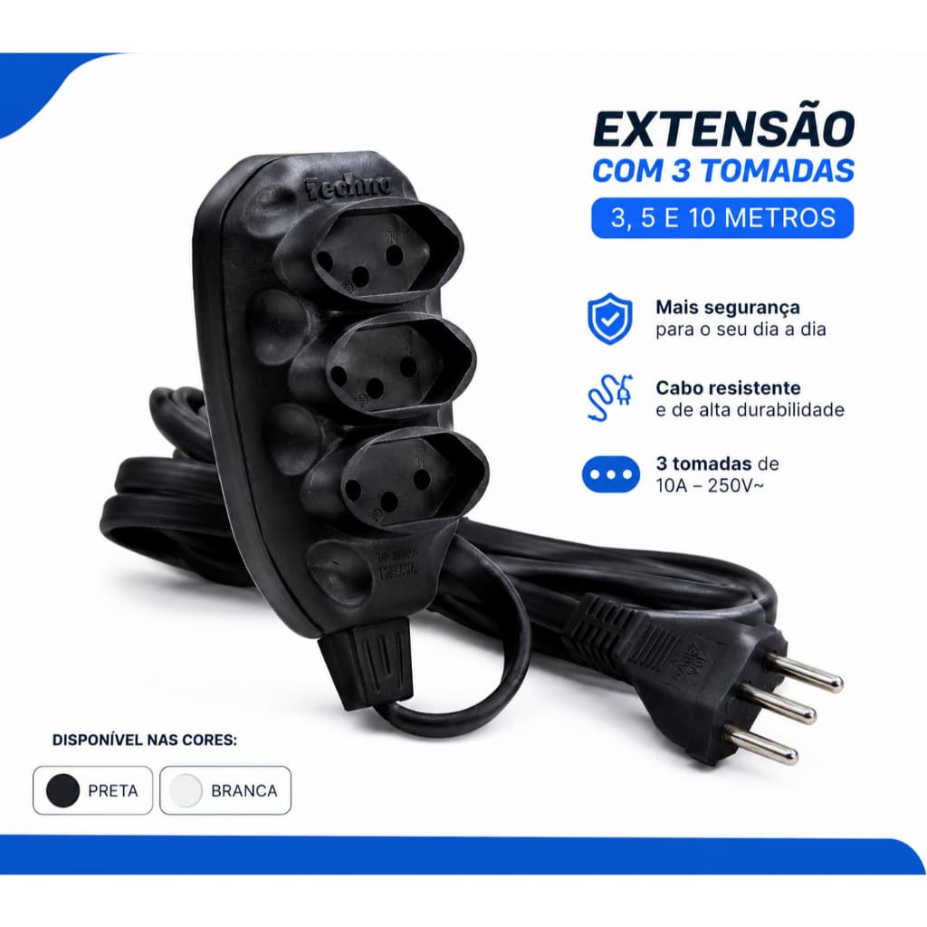 EXTENSÃO Elétrica tripolar Bivolt 3m 5m 10metros Reforçada | PRETA  e BRANCA