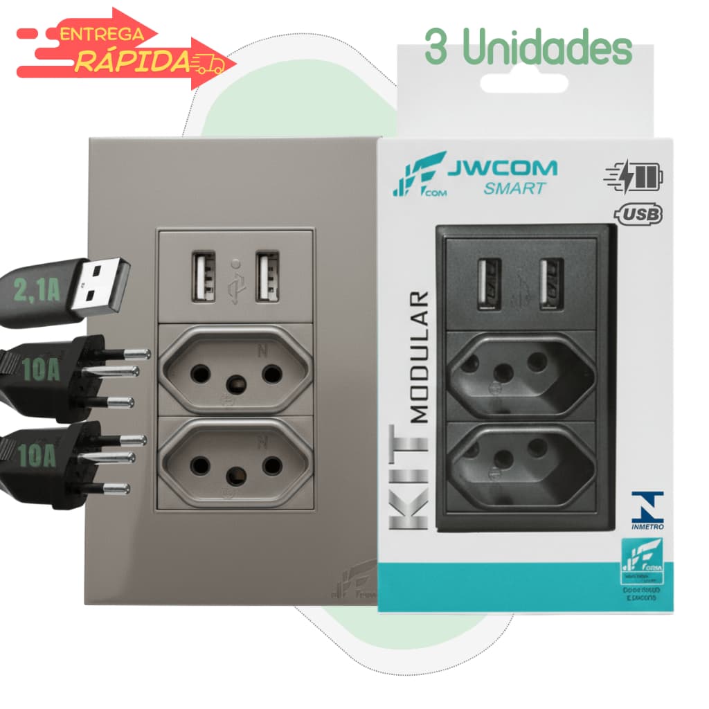 Tomada Dupla 10A com 2 USB Embutido Carregador Parede Bivolt 4x2 Cinza 1, 2 ou 3