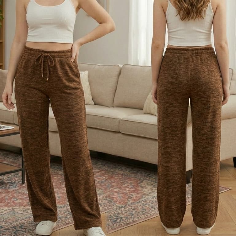 Calça Pantalona de Lanzinha Ribana Canelada Cintura Alta  com  Bolso Funcional para Inverno/Outono