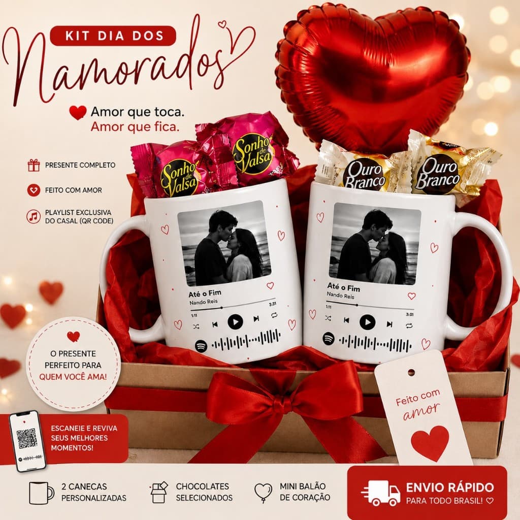 Kit Dia dos Namorados com 2 Canecas Personalizadas + Chocolates + Balão /Kit Casal Personalizado com Canecas Spotify