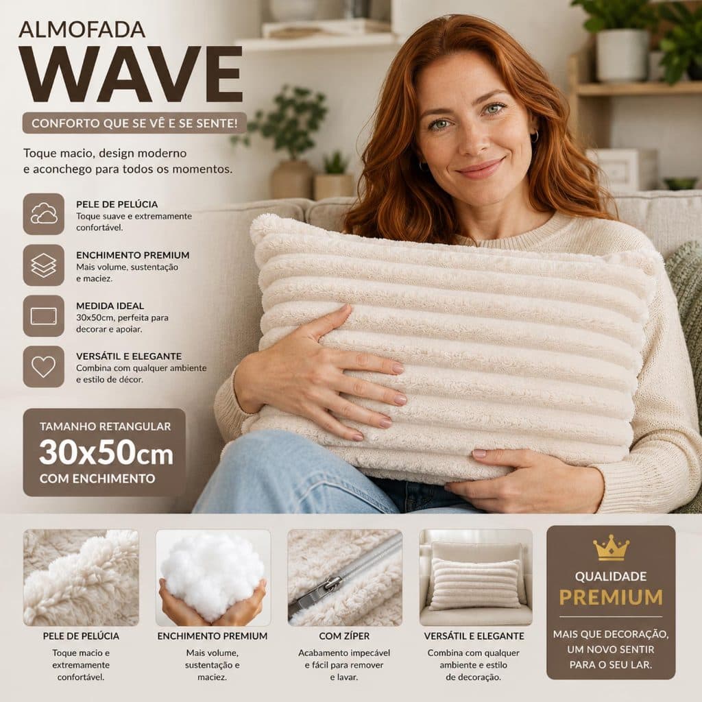 Almofada Retangular Luxo Soft Wave Decoração Sofá Sala Cama 30x50 - Novadecora