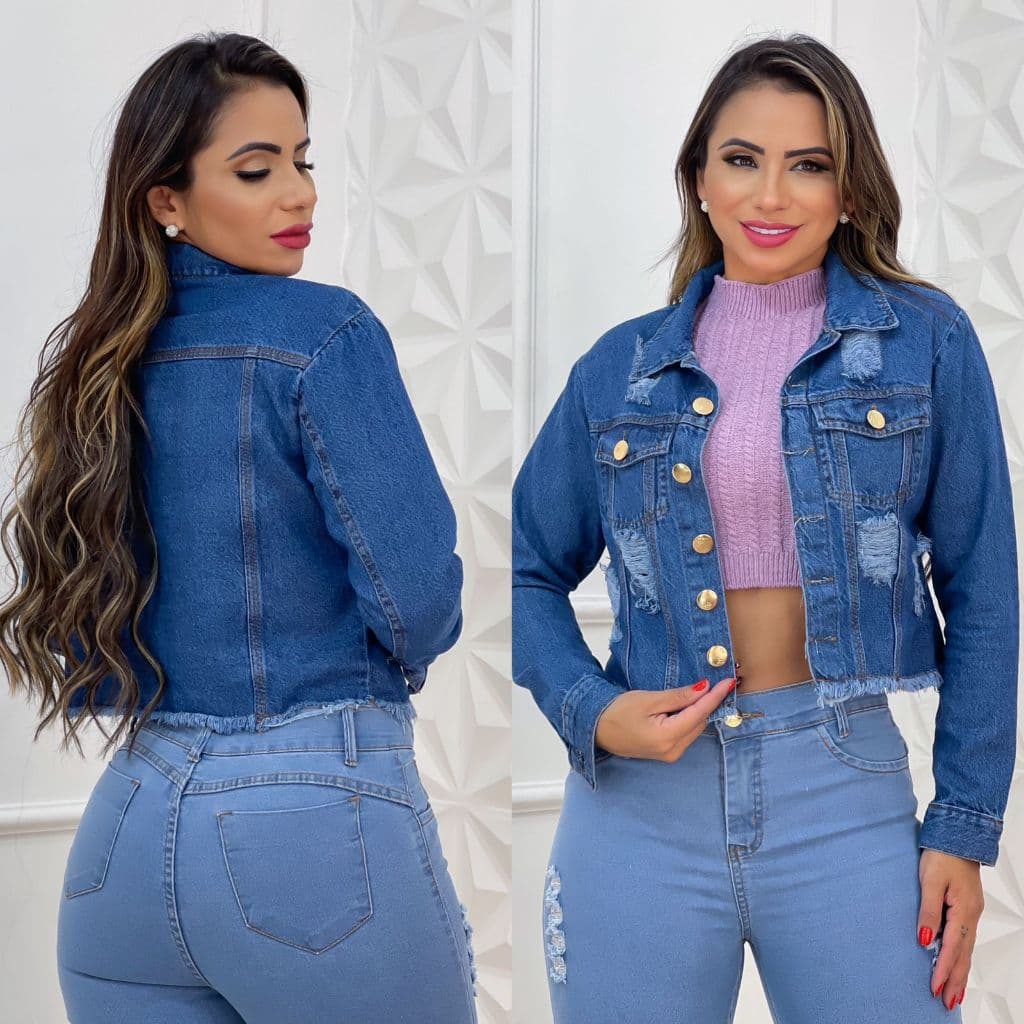 Jaqueta Jeans Feminina Botão Metálico Lavagem Escura