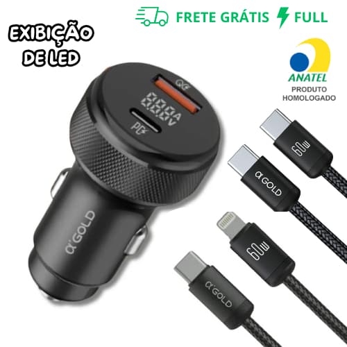 KIT CARREGADOR VEICULAR TURBO PD 60W COM LED + CABO TIPO-C PARA TIPO-C OU LIGHTNING CJ12-2/3