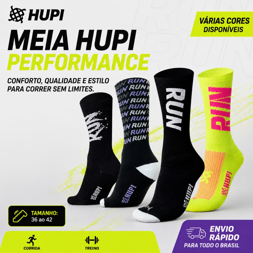 Meia CORRIDA em POLIAMIDA Cano Médio Esportiva Hupi Respirável ANTI BOLHAS Feminina Masculina