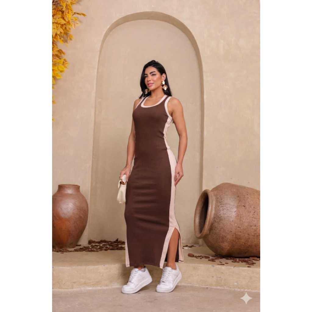 Vestido Regata Midi Tubinho Bicolor Gola Redonda Ribana Algodão Premium Canelado Moda Gringa