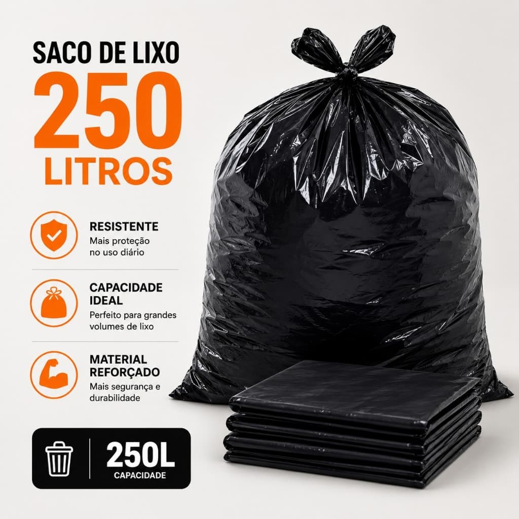 Saco de Lixo 250 Litros Preto Reforçado Resistente c/ 10 Unidades