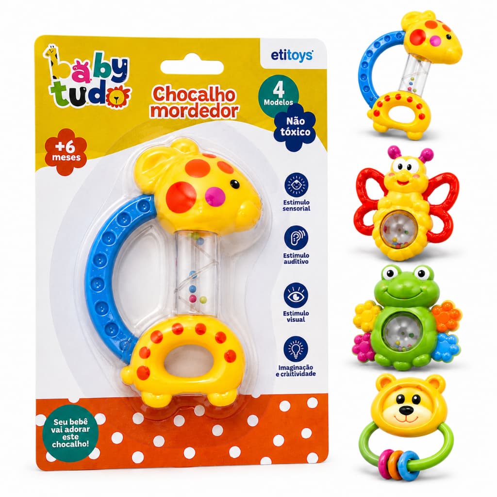 Chocalho Mordedor Bebê Animal Divertido Sensorial Infantil Ludico