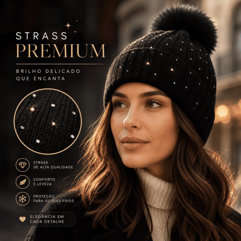 Touca Feminina de Frio Tricô Pompom Brilho Strass Inverno Sofisticado
